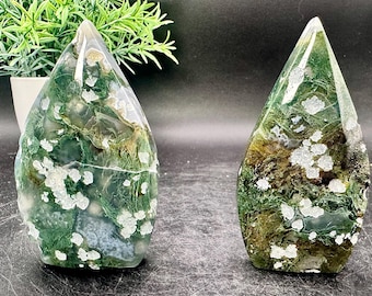 Natural Crystal Moss Agate With Mangano Calcite, Uv reactive Teardrop in 2 different options 3.4-3.5” tall