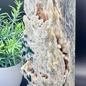 Natural Crystal Druzy Moss Agate Tower 8.8” tall, 1067.4 grams