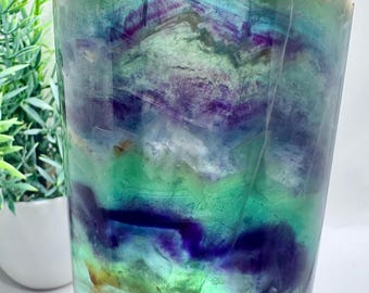 Natural Crystal Large Rainbow Fluorite Tube/Cylinder 4.7” tall, 3” diameter, 746grams , light holder not included
