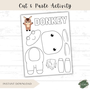 Może przedstawiać: Arkusz do wycinania i wklejania z osłem. Arkusz zawiera słowo "DONKEY" dużymi literami, a także kontury części ciała osła do wycięcia i złożenia. Widoczne są również słowa "Cut & Paste Activity" i "INSTANT DOWNLOAD".