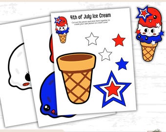 Lavoretto del 4 luglio a tema gelato, stampabile, attività patriottica di ritaglio e incolla, lavoretto per il campo estivo prescolare, PDF per le vacanze dei bambini, divertimento per il Giorno dell'Indipendenza