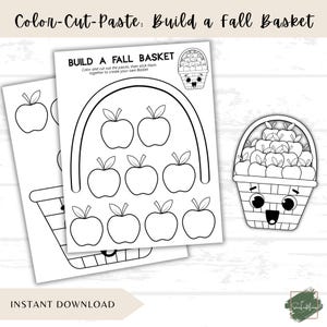 以下が含まれることがあります： 「Color-Cut-Paste: Build a Fall Basket」と題された印刷可能なアクティビティシート。ページには、色を塗って切り抜くためのバスケットとリンゴの白黒線画が描かれており、リンゴでいっぱいの笑顔のバスケットの完成例も示されています。