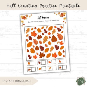 Peut inclure: Une feuille de travail imprimable intitulée "Fall Counting Practice" avec des feuilles d'automne colorées dans des tons orange, rouge et marron. La feuille de travail comprend des cases pour compter et écrire les réponses. Le texte "Fall leaves" et "Instant Download" sont également visibles.