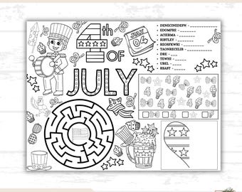 Activiteitenblad 4 juli voor kinderen, afdrukbaar werkblad, Independence Day-activiteiten, werkblad kleurplaten voor kinderen, educatieve puzzel
