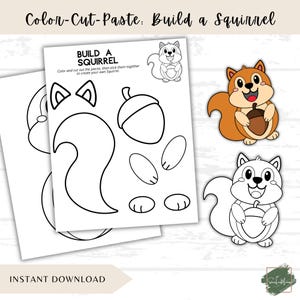 Puede incluir: Una hoja de actividades Color-Cut-Paste: Build a Squirrel con contornos en blanco y negro de partes de ardilla, una bellota y orejas. Incluye una ilustración de ardilla a color y una versión en línea negra y blanca de una ardilla.