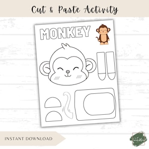 May include: A printable cut and paste activity sheet featuring a monkey theme. The sheet includes the word "MONKEY" in bold letters, a large outline of a monkey face, and various cut-out shapes for assembly. The words "Cut & Paste Activity" are at the top.