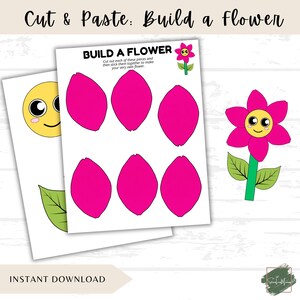 May include: A printable 'Build a Flower' activity sheet with instructions and flower petals in bright pink. The sheet includes a smiling flower graphic and the text 'Cut & Paste: Build a Flower' and 'Instant Download'.