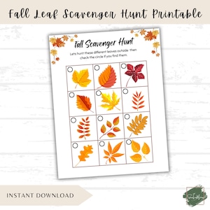Può includere: Una caccia al tesoro autunnale stampabile con illustrazioni di foglie colorate. Il foglio presenta una griglia con vari tipi di foglie e cerchi di controllo. Il testo in alto recita "Fall Scavenger Hunt Printable".