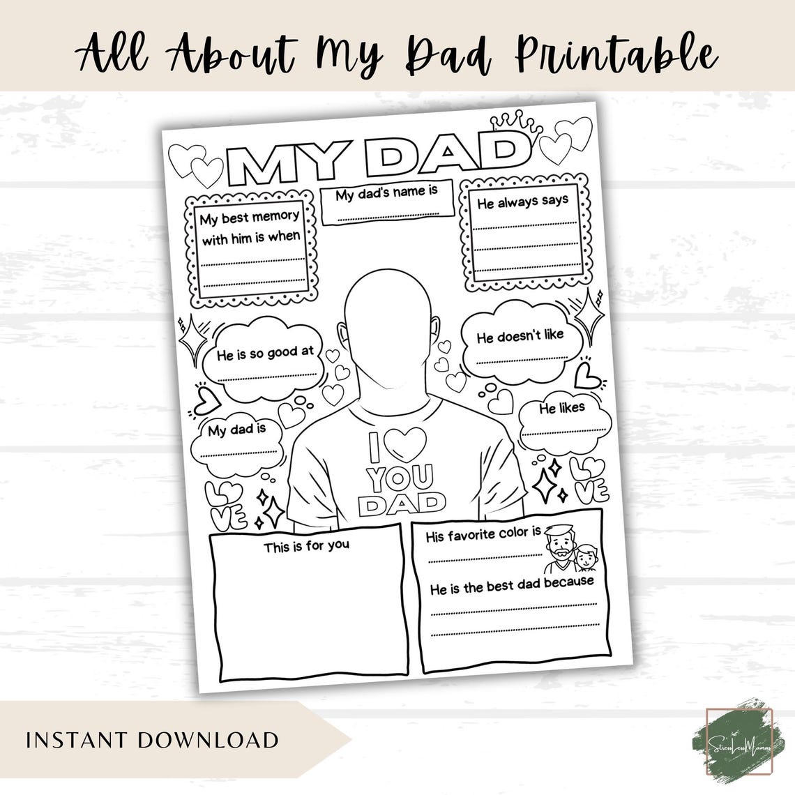 All About My Dad Printable Coloring Sheet, Father's Day Printable, Fill ...