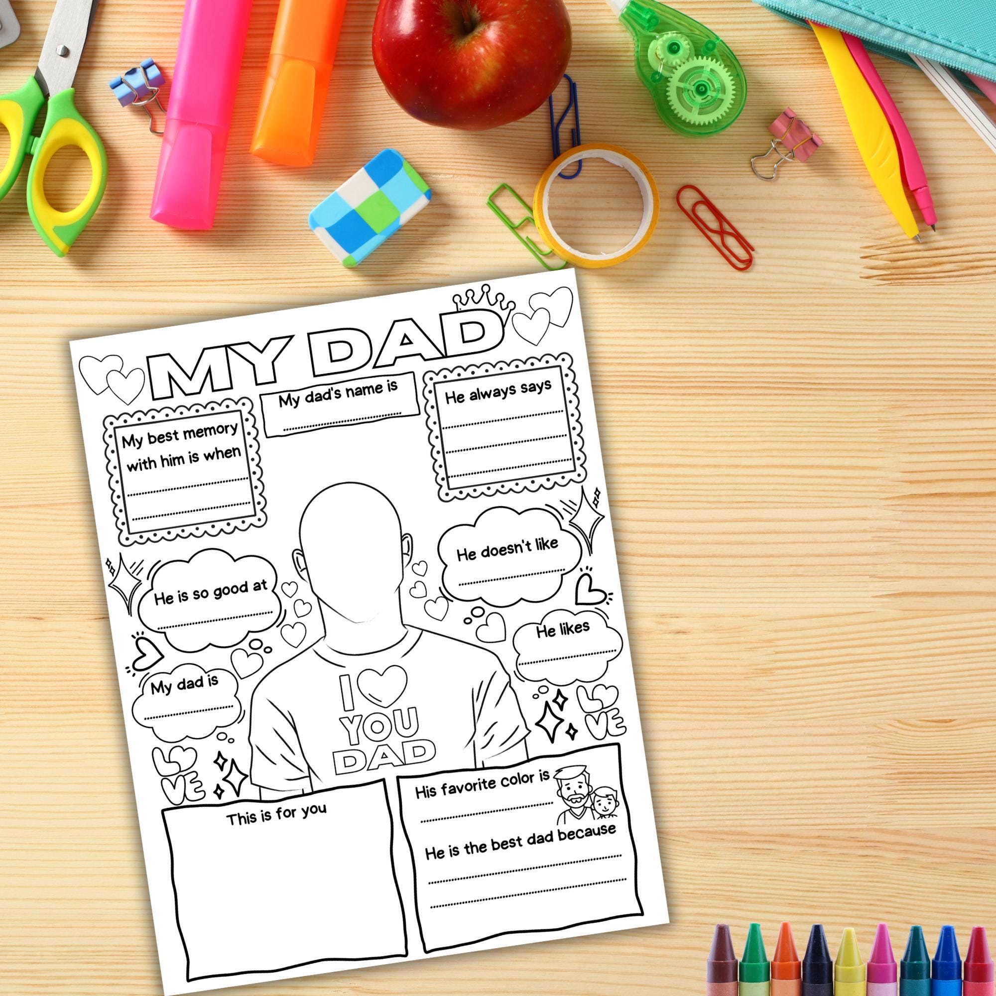 All About My Dad Printable Coloring Sheet, Father's Day Printable, Fill in the Blank, Kids ...