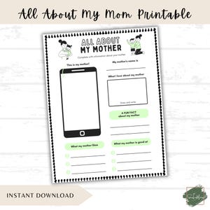 All About My Mom Printable, Fill in the Blank, Kid&#39;s Mother&#39;s Day Worksheet, Gift for Mom, Mother&#39;s Keepsake, Kids Activity Instant Download