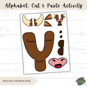 May include: A white sheet of paper with the text "Alphabet: Cut & Paste Activity" features a brown letter "Y" and cut-out pieces to create a cartoon bull. The words "Instant Download" are at the bottom.