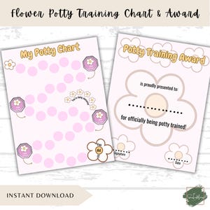 Può includere: Un grafico di allenamento per il vasino e un premio stampabili con un tema floreale. Il grafico ha uno sfondo rosa con un design floreale e un percorso di cerchi da colorare man mano che il bambino progredisce. Il premio ha uno sfondo rosa con un grande design floreale e spazio per una firma e una data.