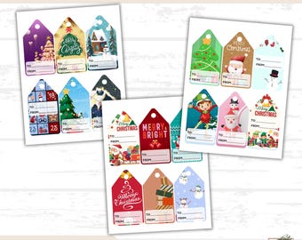 May include: Printable Christmas gift tags with various festive designs. The tags feature illustrations of Christmas trees, snowmen, Santa Claus, and other holiday elements. Each tag includes spaces for "To" and "From" details. The words "Merry Christmas" and "Merry & Bright" are also visible.