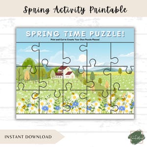 Pode incluir: Um quebra-cabeça de primavera para imprimir com uma casa, colinas, flores e abelhas. O quebra-cabeça é dividido em 12 peças e diz "SPRING TIME PUZZLE! Print and Cut to Create Your Own Puzzle Pieces!"