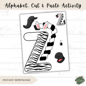 May include: A printable alphabet cut and paste activity sheet featuring a zebra-themed letter Z. The letter is black and white striped, with additional cut-out pieces for the zebra's head, tail, and other features. The text "Alphabet: Cut & Paste Activity" is at the top.