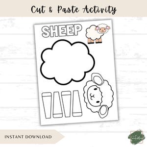 May include: A printable cut-and-paste activity sheet featuring a sheep theme. The sheet includes the word "SHEEP" in large letters, a cloud shape, and sheep body parts for assembly. The words "Cut & Paste Activity" are at the top.