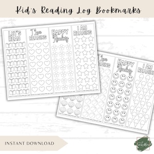 以下が含まれることがあります： 「Kid's Reading Log Bookmarks」のテキストが入った、印刷可能な読書記録用ブックマークが2つあります。ブックマークには、本、ハート、花、星、貝殻、ボール、スマイリー、アイスクリームコーンを塗りつぶすセクションがあります。「Instant Download」の文字も表示されています。
