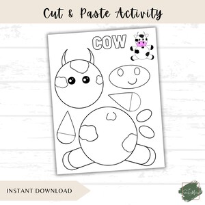 May include: A black and white cut and paste activity sheet with a cow theme. The sheet includes the text "Cut & Paste Activity" and "COW". The cow is made of circles and other shapes. The words "Instant Download" are also on the sheet.