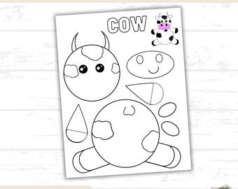 Lavoretto con mucca da ritagliare e incollare, attività stampabile con animali da fattoria, foglio di apprendimento per bambini, foglio di lavoro per la scuola materna, risorsa per l'istruzione parentale, disegni da colorare per bambini