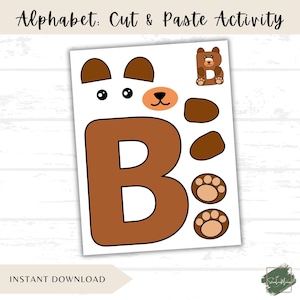 Make a Bear Craft Printable, Cut and Paste Activity, DIY Bear Craft, Kids Craft Download, Bear Paper Craft,  Alphabet Recognition