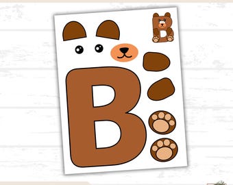 Make a Bear Craft Printable, Cut and Paste Activity, DIY Bear Craft, Kids Craft Download, Bear Paper Craft,  Alphabet Recognition