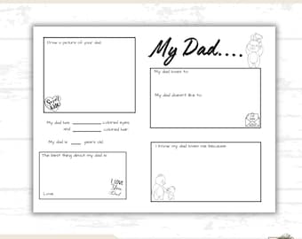 All About My Dad Worksheet Printable, Father's Day Activity for Kids, Dad Questionnaire, DIY Dad Gift, Father's Day Craft, Fill in the Blank