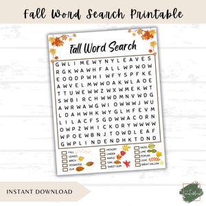 May include: A printable autumn-themed word search puzzle. The title "Fall Word Search" is at the top, with a grid of letters below. Keywords like "leaves" and "maple" are listed. The words are surrounded by autumn leaves.