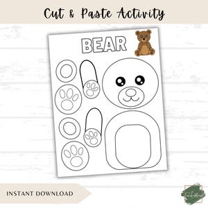 Könnte beinhalten: Ein ausdruckbares Ausschneide- und Klebe-Aktivitätsblatt mit einem Bären-Design. Das Blatt enthält Umrisse eines Bärenkopfes, -körpers, -pfoten und anderer Teile, zusammen mit dem Wort "BEAR" und einer kleinen Illustration eines braunen Bären. Die Wörter "Cut & Paste Activity" und "INSTANT DOWNLOAD" sind ebenfalls vorhanden.
