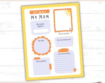 All About My Mom Printable, Mother's Day Activity, Fun Mom Worksheet, Kids Activity, Instant Download, Kid's Activity Sheet, Gift for Mom