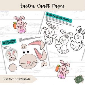 Easter Crafts for Kids, Bunny Finger Puppet, Build a Bunny, Paper Plate Craft, Preschool Activity, Printable Kids Craft, Crafts for Spring