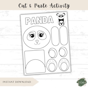 May include: A black and white cut-and-paste activity sheet featuring a panda design. The sheet includes the word "PANDA" in large letters, along with panda body parts for cutting and assembling. The words "Cut & Paste Activity" are at the top.