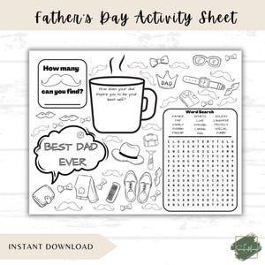 Könnte beinhalten: Schwarz-weiß Vatertags-Aktivitätsblatt mit verschiedenen Illustrationen, darunter Schnurrbärte, eine Kaffeetasse und ein Suchsel. Das Blatt enthält den Text "Father's Day Activity Sheet", "Best Dad Ever" und "Instant Download".