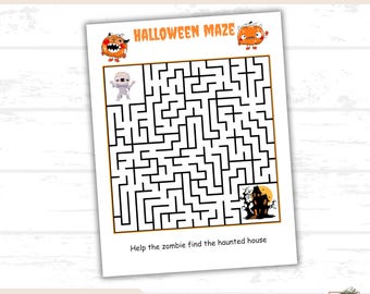 Pode incluir: Um labirinto imprimível com tema de Halloween em um fundo branco. O labirinto preto apresenta gráficos de Halloween laranja e preto. O texto inclui "Halloween Maze" e "Help the zombie find the haunted house".