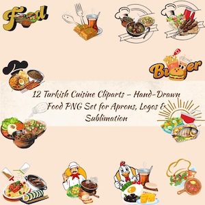 Traditional Turkish Food Clipart Set – 12 Digital Illustrations for Fabric, Menus & Branding