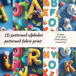 May include: A collage of colorful 3D alphabet letters and illustrations. The letters are in various colors and styles, with decorative elements. The image includes the text "3D patterned alphabet patterned fabric print" and "37 images 12"x12" inches (3600x3600 px) commercial use."