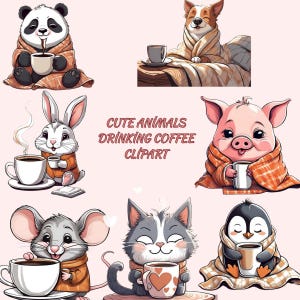 Disfrutando del café con ojos soñolientos: conjunto de imágenes prediseñadas de animales lindos (7 piezas), café de buenos días y 7 dulces amigos soñolientos.
