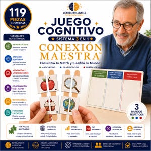 Könnte beinhalten: Ein kognitives Spielset mit dem Titel Mentes Brillantes Conexión Maestra, bestehend aus 119 illustrierten Teilen, einem Sortierbrett mit drei farbigen Abschnitten und spanischen Anweisungen zu Gedächtnis, Zuordnung und Klassifizierung.