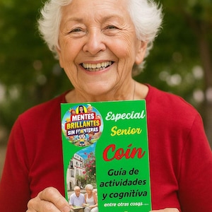 May include: A smiling older adult holds a green book with the title "Especial Senior Coin" and the text "Guía de actividades y cognitiva". The book cover features illustrations and the words "Mentes Brillantes Sin Fronteras".