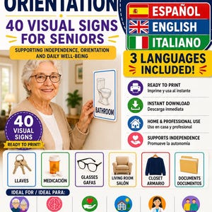 Puede incluir: Un folleto digital para un conjunto de señales visuales de orientación en el hogar con 40 letreros imprimibles para personas mayores. El texto incluye Home Orientation, 40 Visual Signs for Seniors, Multilingual Edition, y enumera español, inglés e italiano.