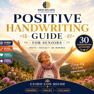 Puede incluir: Una portada de libro titulada Positive Handwriting Guide for Seniors con el texto 30 Handwriting Activities y Every day is a new opportunity. Muestra a una persona con los brazos levantados frente a un paisaje al atardecer.