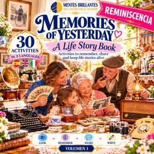 Puede incluir: Un libro titulado Memories of Yesterday A Life Story Book con una banda rosa que dice Reminiscencia. La portada muestra a una familia multigeneracional mirando fotos, rodeada de objetos antiguos como una máquina de escribir y una radio.