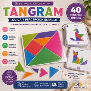 May include: A colorful Tangram puzzle set with 40 unique challenges. The set includes a plastic-covered Tangram puzzle and cards with animal shapes. The text on the image says "Cognitive Stimulation" and "Logic and Spatial Perception".