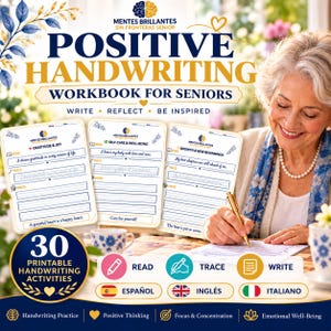 Puede incluir: Un cuaderno de ejercicios de caligrafía positiva para personas mayores con 30 actividades imprimibles. La portada muestra el título en azul y dorado, con tres páginas de muestra que incluyen secciones para leer, trazar y escribir en inglés.