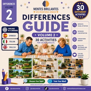 Puede incluir: Un libro de actividades Mentes Brillantes Differences Guide Volumen 2 para adultos mayores con 30 ejercicios. La portada muestra a tres personas haciendo acertijos, tres pares de imágenes para encontrar diferencias y beneficios cognitivos.