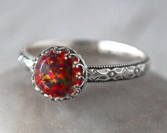Fire Opal Ring Sterling Silver - Black Cherry Opal, Red Mexican Opal, Handcrafted Artisan Ring - Multicolor Fire Opal Ring
