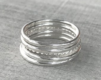 Set of 5 Silver Stacking Ring Set, Sterling Silver Stack Rings, Handcrafted Silver Ring Stack Set