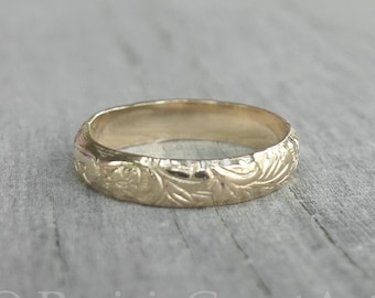 Gold Filled Band, 4mm gold ring band, ornate gold ring, yellow gold band, gold stack ring, Handcrafted Ring