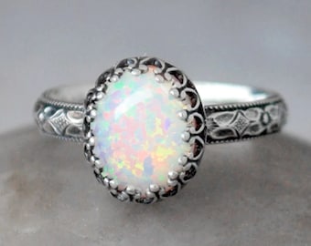 Oval Opal Ring Sterling Silver, Handcrafted Artisan Silver Ring, Sterling Silver Opal Ring - October Birthstone