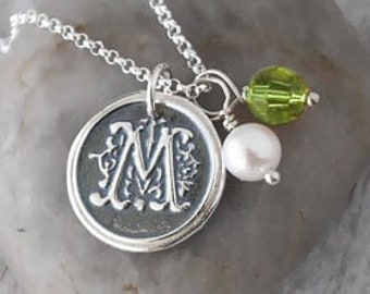 Personalized .999 Fine Silver Initial Necklace with Birthstone Crystal and Pearl - Custom Wax Seal Initial Charm, Sterling Silver Chain